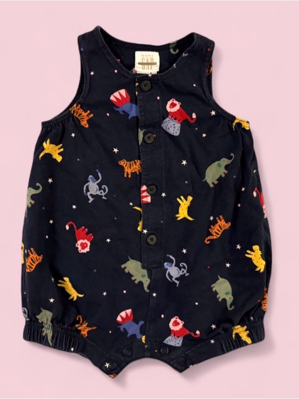 Vintage 1999 Baby Gap Navy Zoo Animal Bubble Romper Sz 6-12 Months Circus Print